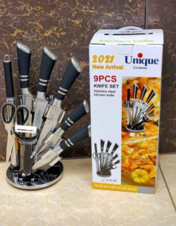 9Piece Horse Hoof Handle Stainless Steel Kitchen Cutlery Knife Set with Rotating Block Stand.